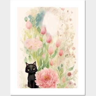 Black Kitty in Flower Garden Soft Pastel Colors Posters and Art